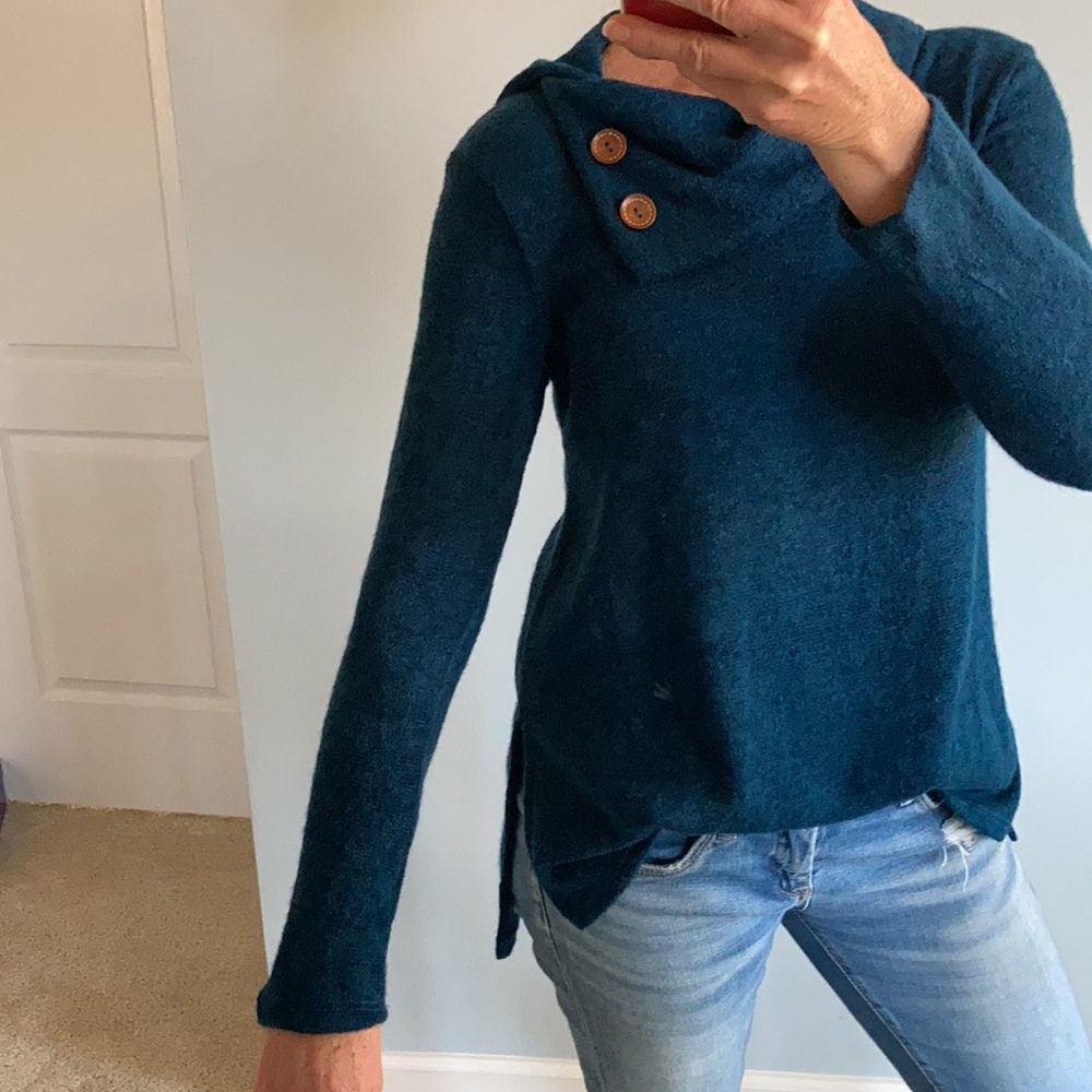 Blue Cowl, Button Neck Sweater - Picture 3 of 7